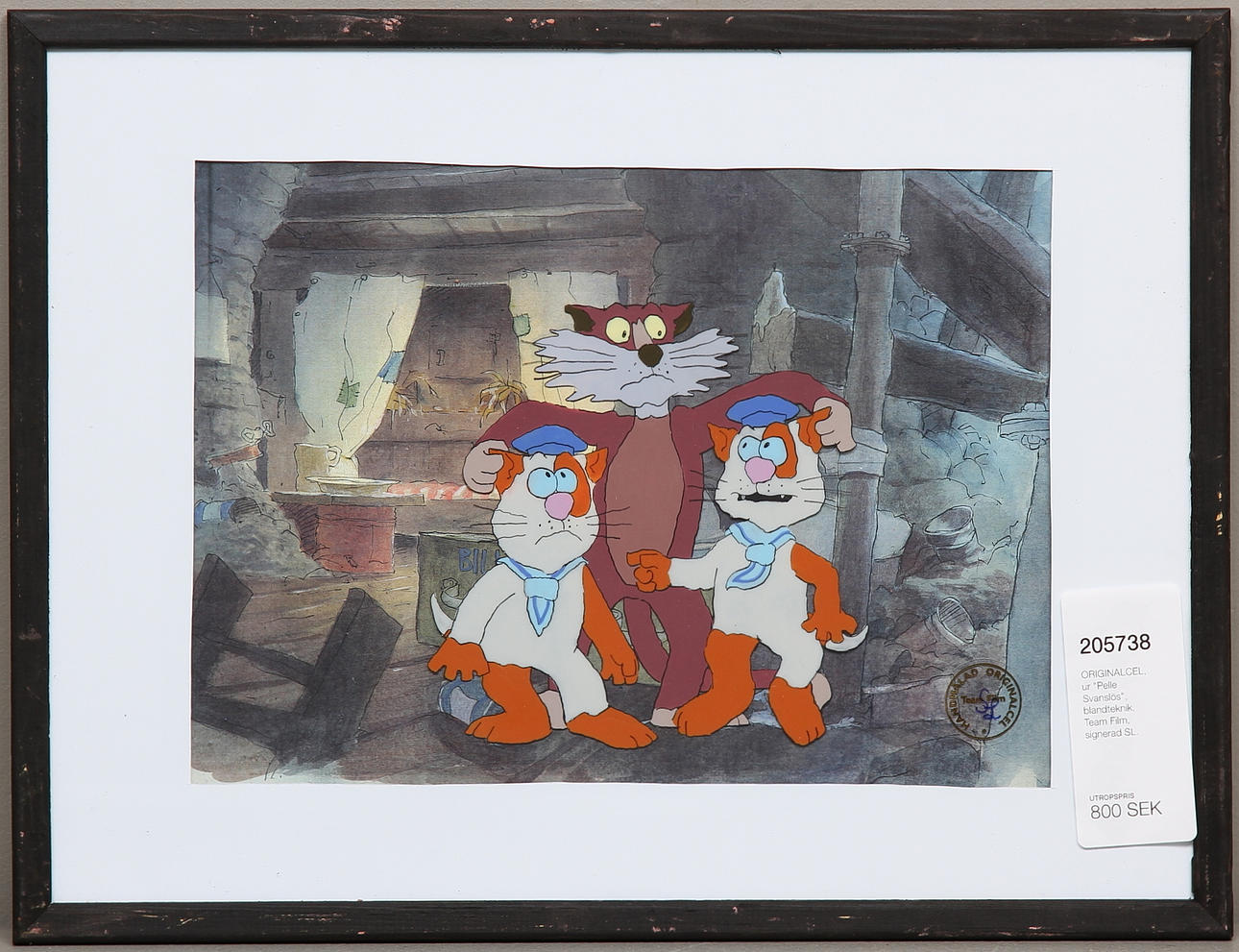 ORIGINALCEL, ur "Pelle Svanslös", blandteknik, Team Film, signerad SL.