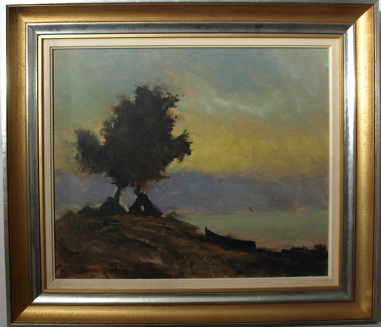 ARNE ASPELIN. Olja på pannå, Vy mot havet, signerad.