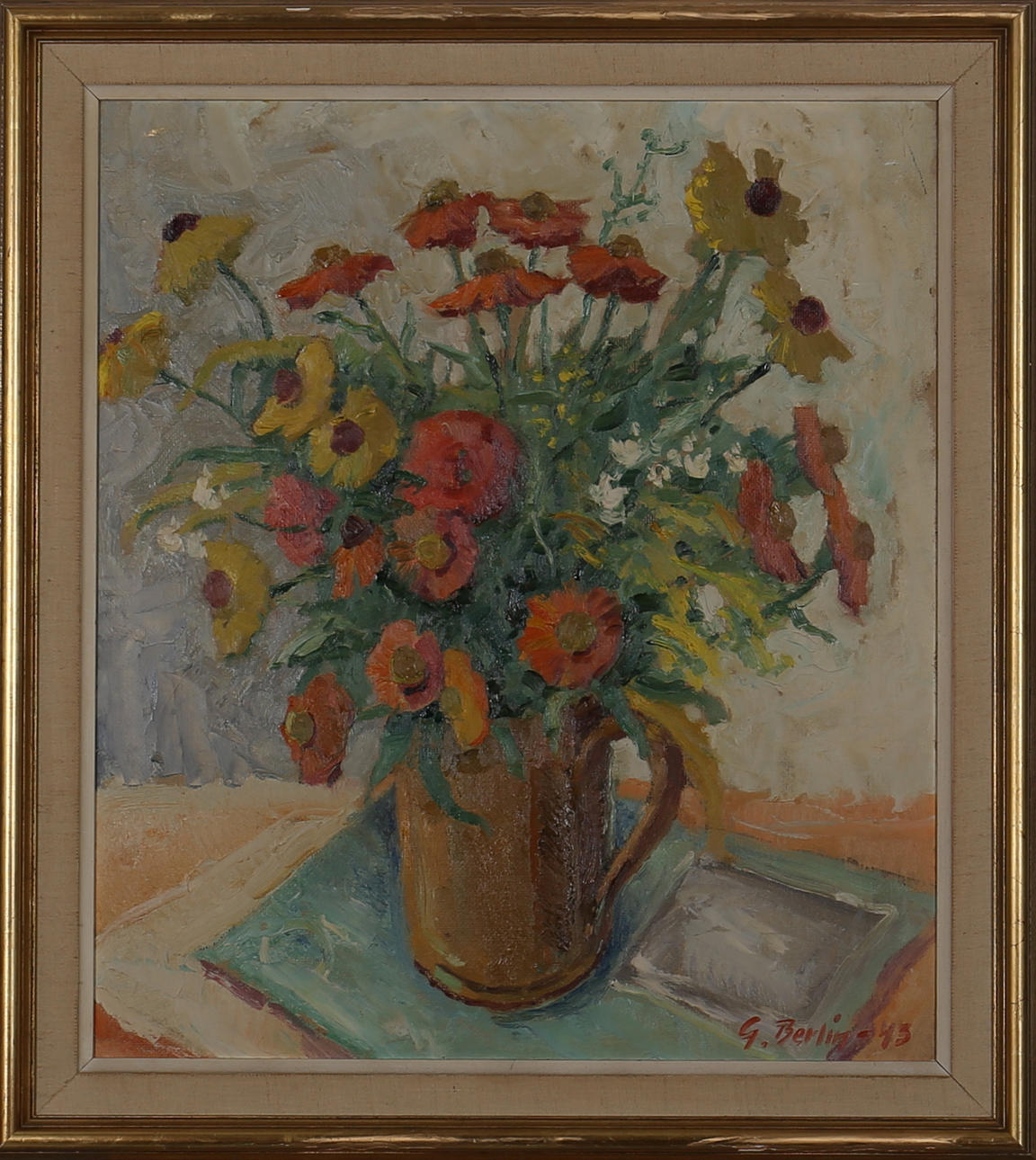 GUSTAV BERLIN. Olja på pannå. Stilleben med blommor. Signerad G Berlin. Daterad -43.