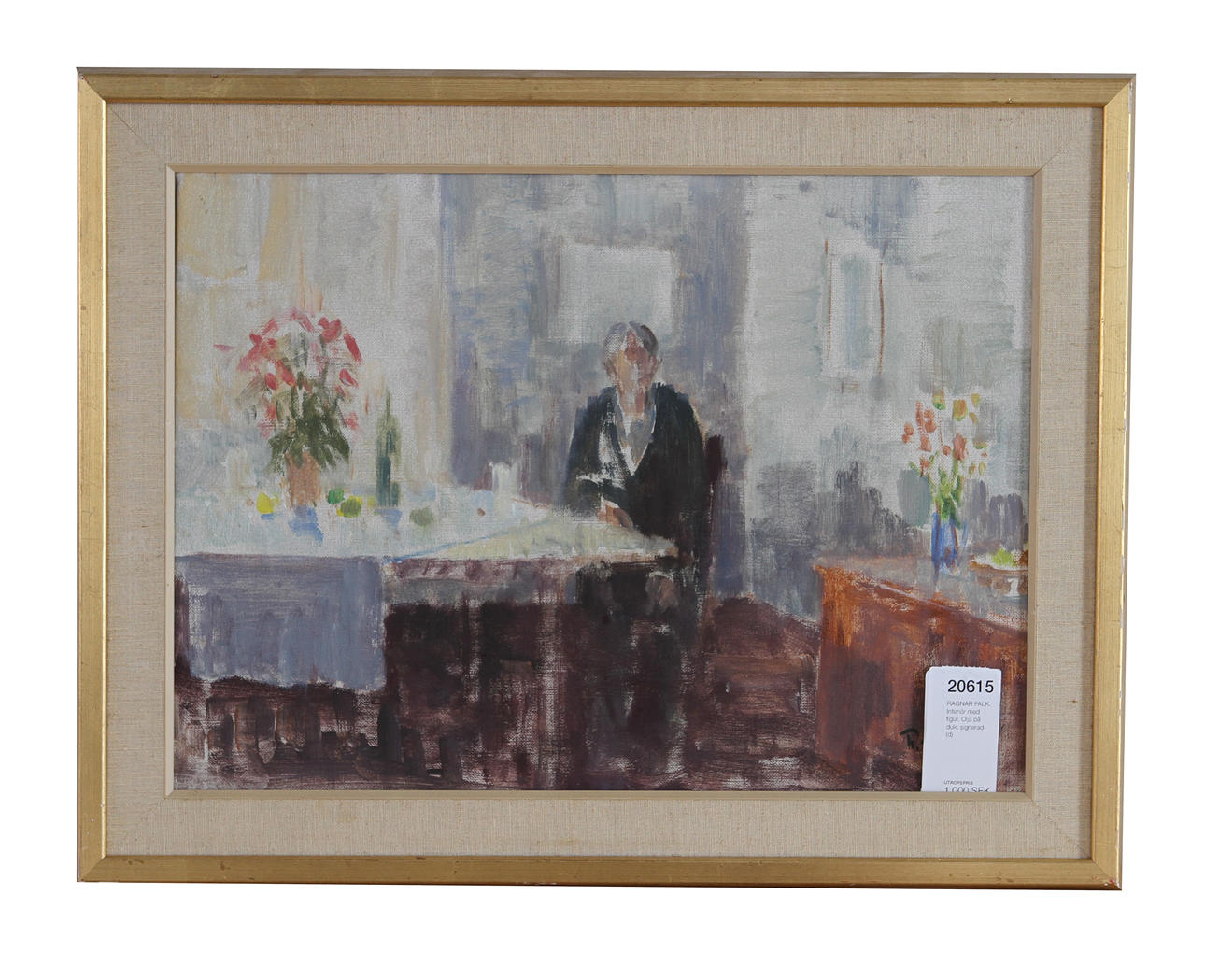 RAGNAR FALK. Interiör med figur. Olja på duk, signerad.