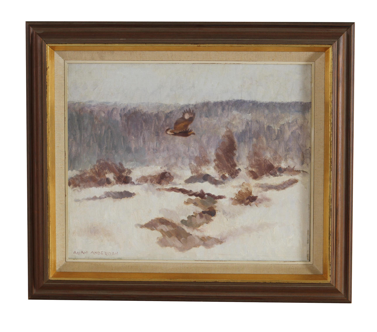 ALLAN ANDERSSON. Vinterlandskap med flygande rovfågel. Olja på duk, signerad.