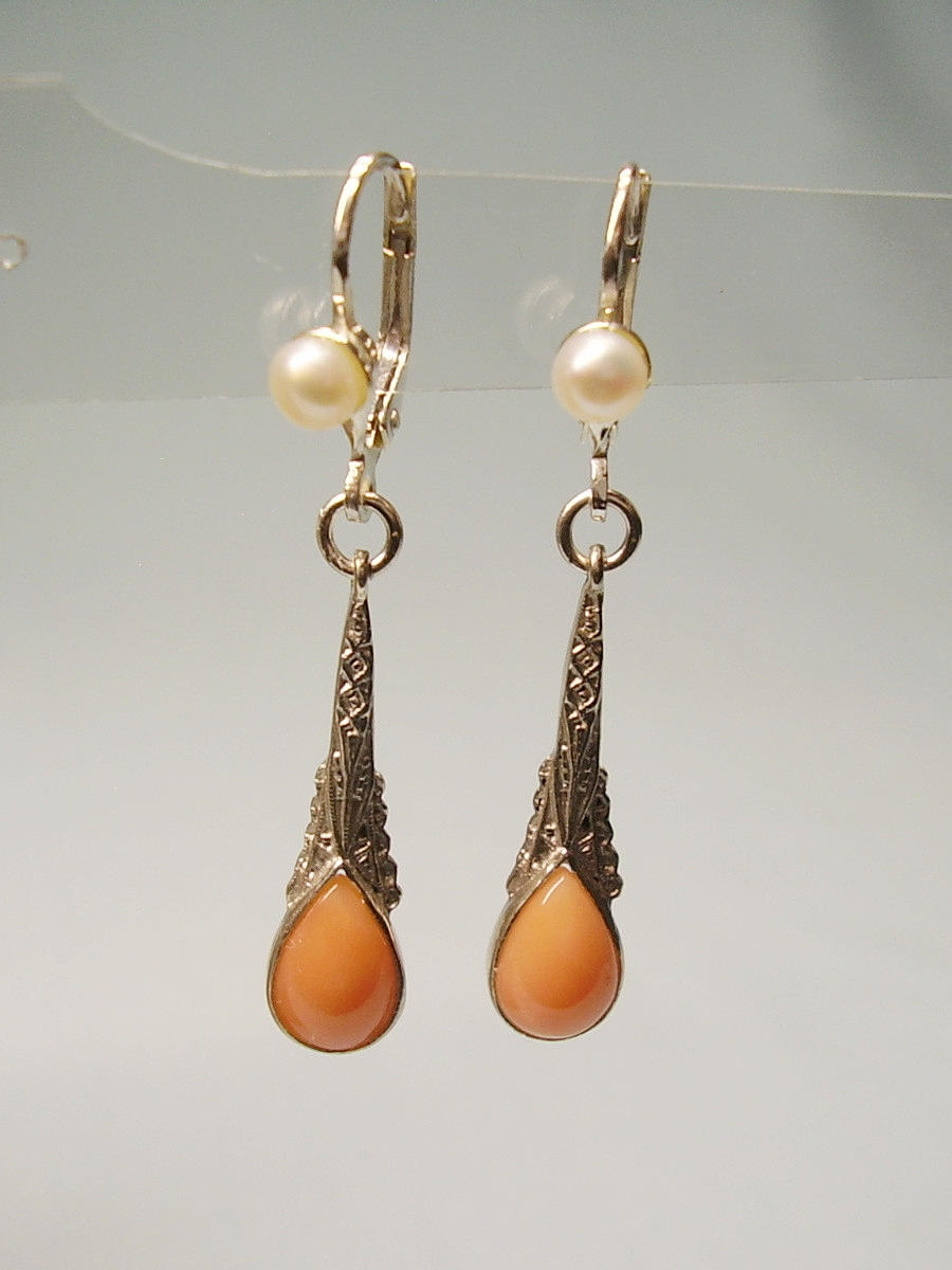 KORALLE OHRRINGE SILBER 935 ART DECO.