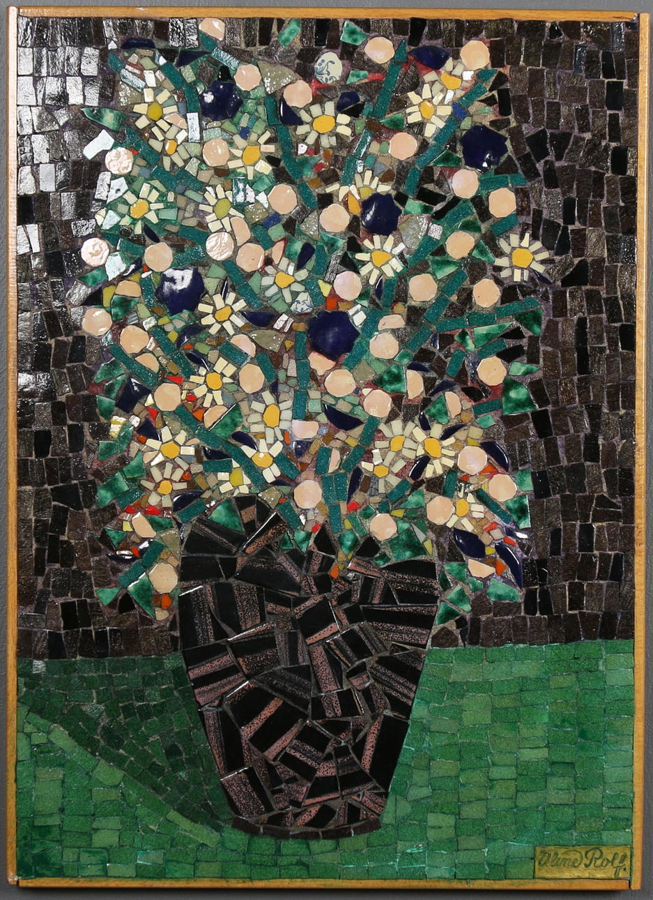 ALINE ROLF. Mosaiktavla, "Blommor", signerad.