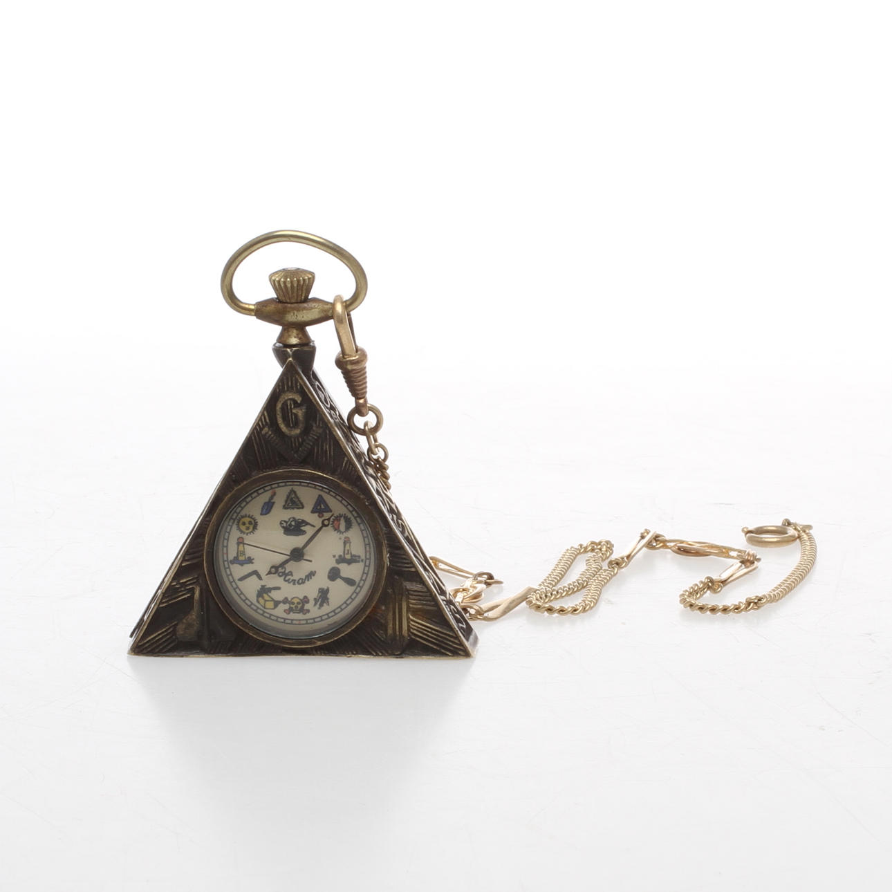 FICKUR, urtavla märkt Hiram, triangelformad boett med frimurarsymboler, 1900-tal.