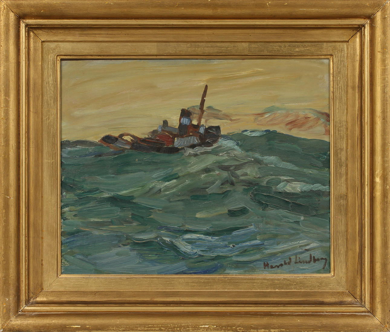 HARALD LINDBERG. Fartyg till havs, olja på pannå, signerad.
