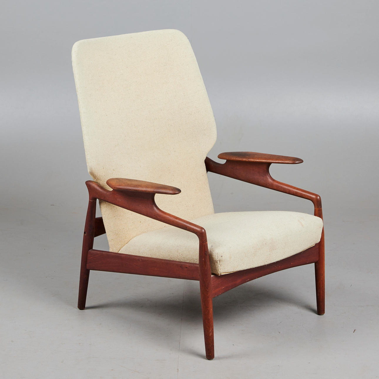 JOHN BONÉ. High-back / lounge chair, teak, wool, 1960s, Denmark.