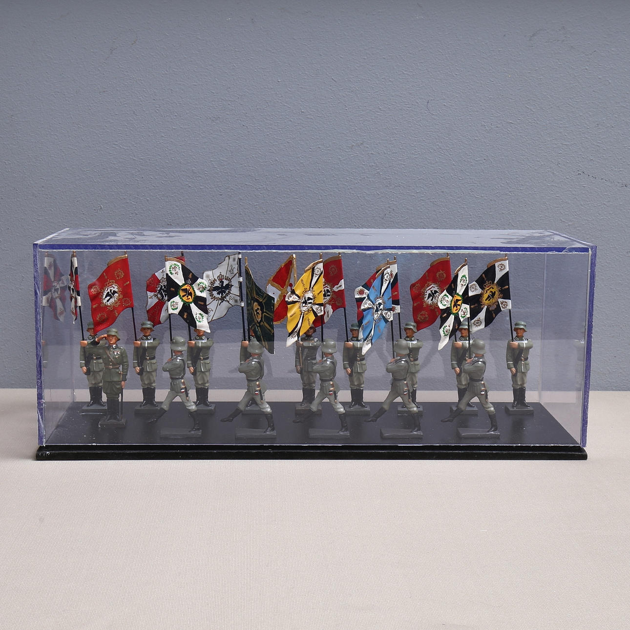 DUSCHA German soldiers with traditional flags, display case, late 20th ...