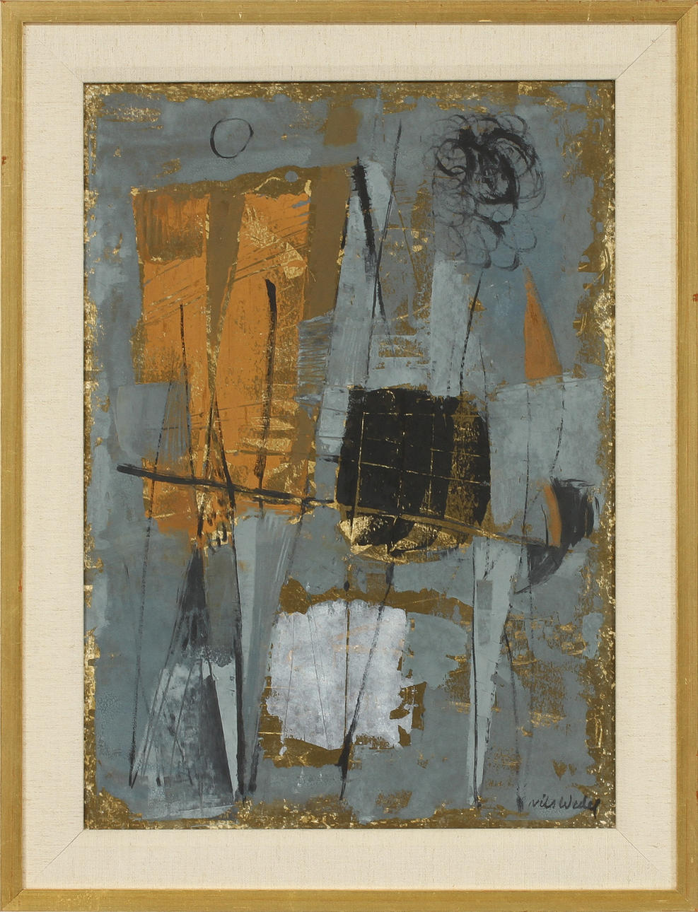 NILS WEDEL. "Komposition", gouache på pannå, sign.