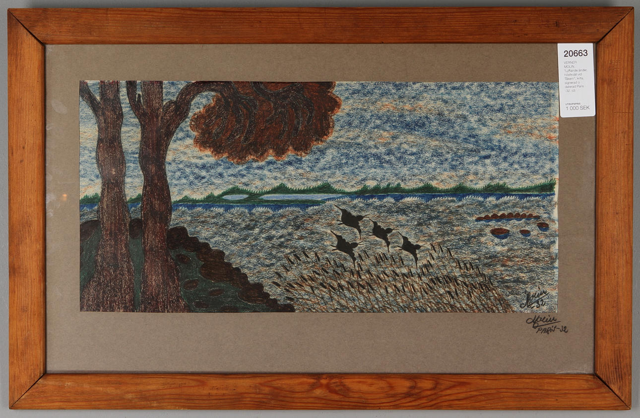 VERNER MOLIN. "Lyftande änder, höstkväll vid Tåkern", krita, signerad o daterad Paris -32.
