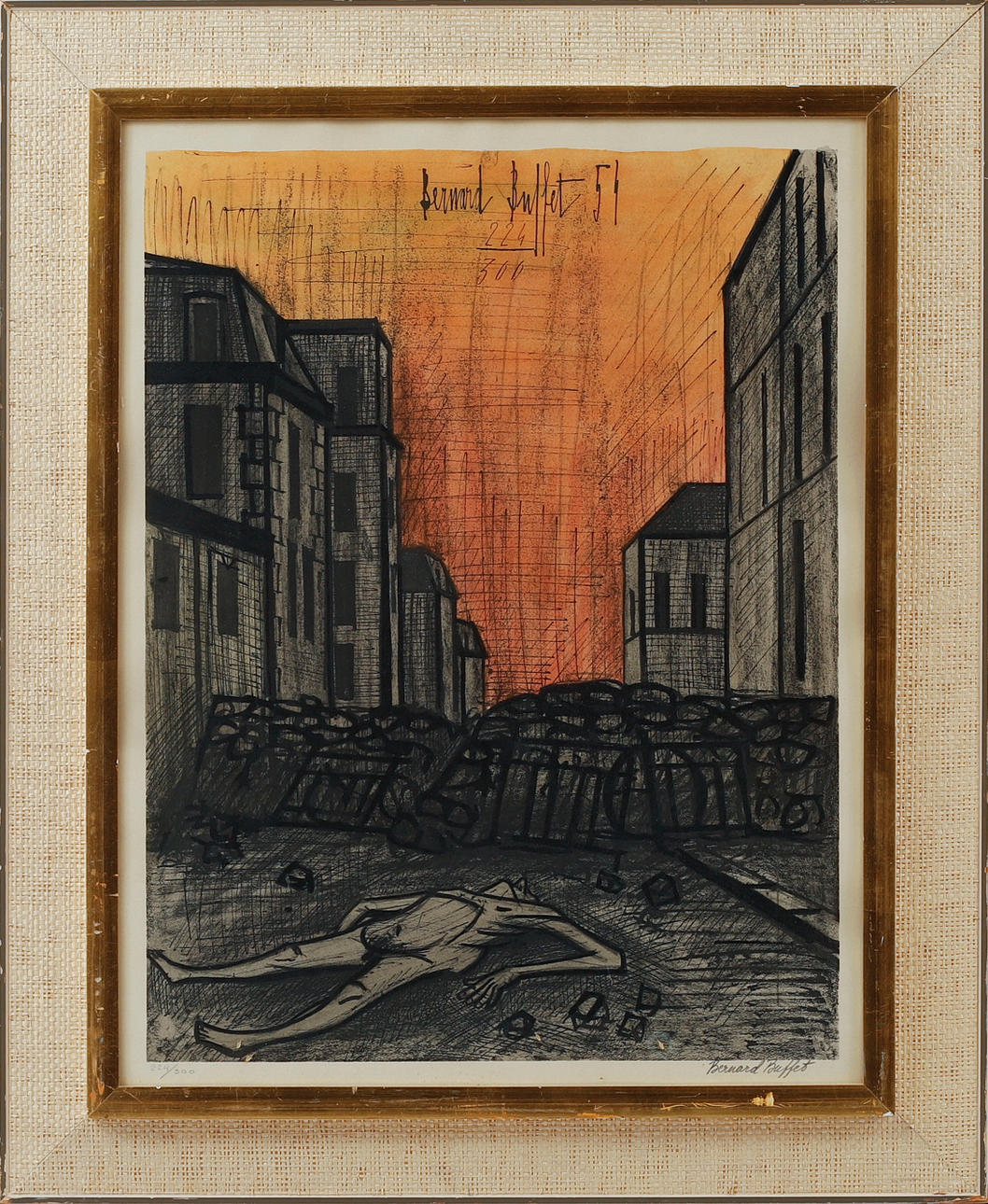 BERNARD BUFFET. Street scene with reclining figure, color lithograph, signed and numbered 224/300.