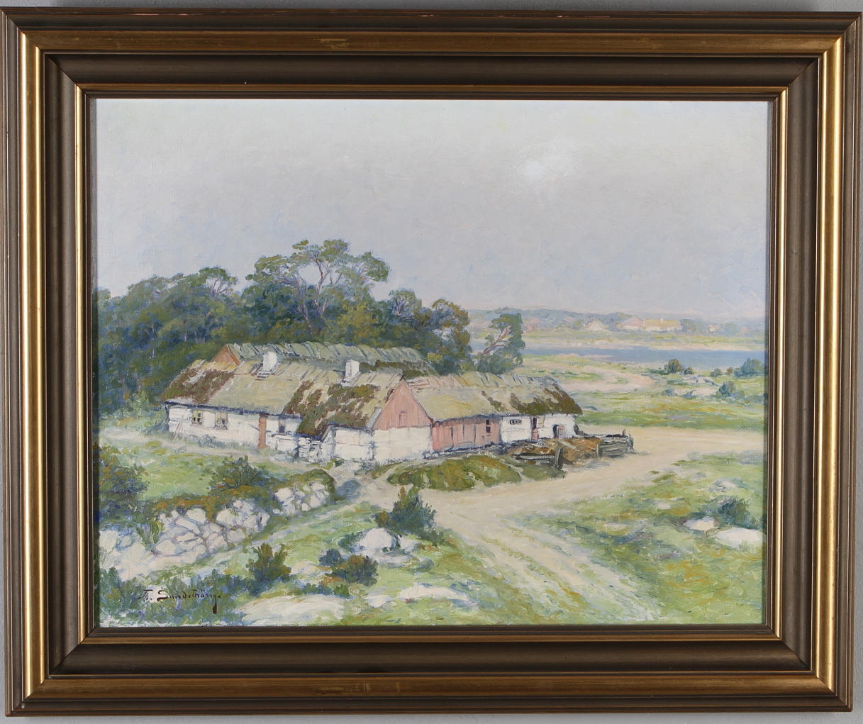 JOHAN OSSIAN ANDERSSON. Landskap med gård, olja på duk, signerad Th Sandström.