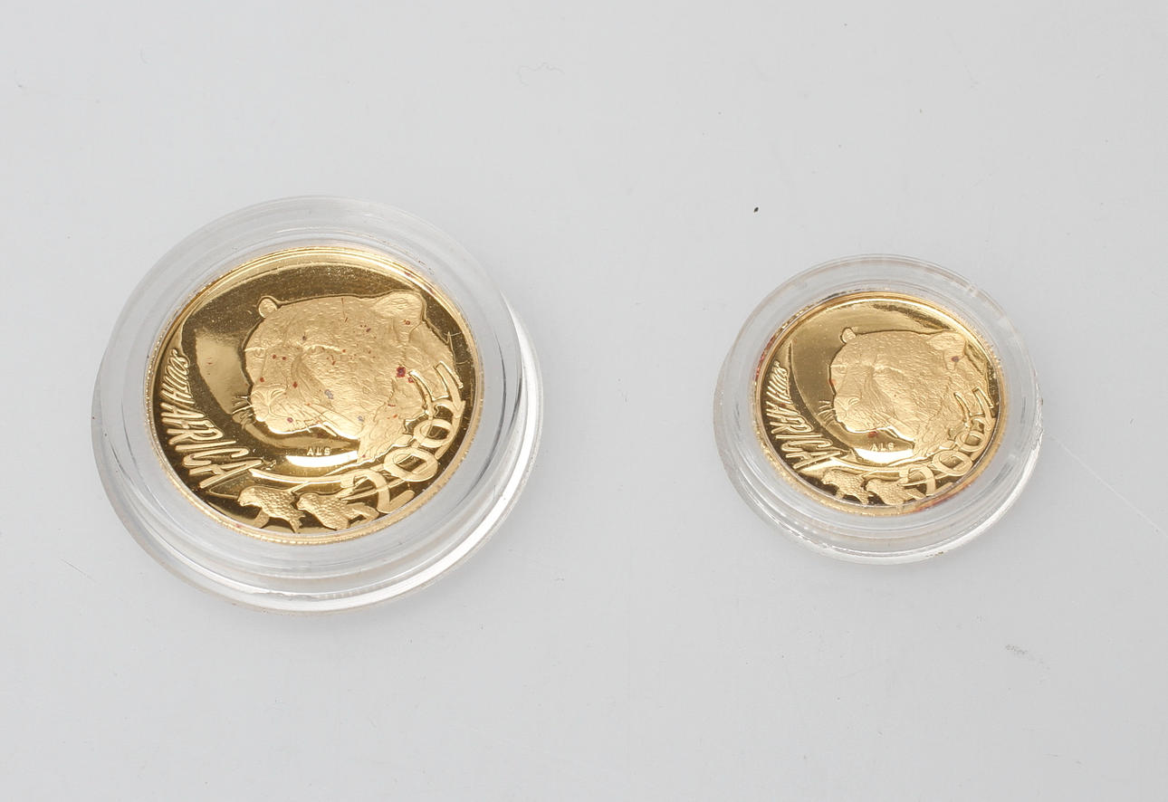 GULDMYNT, 2 delar, R20, R10, 24k guld, vikt ca 9,8 gr.