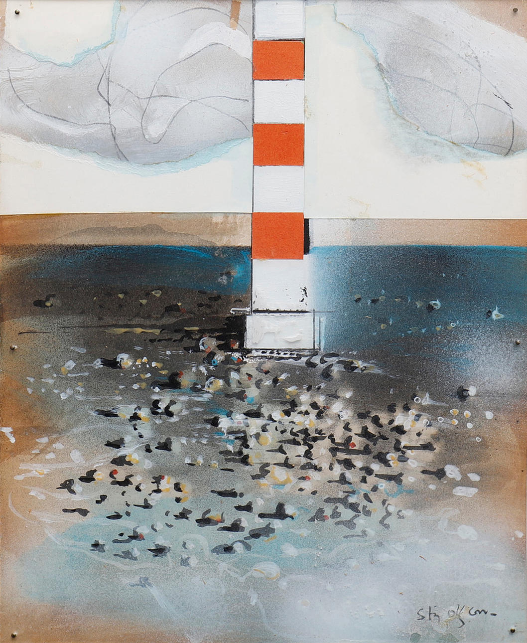 STIG OLSON. IMAGEN DE PLAYA, TÉCNICA MIXTA CON COLLAGE.