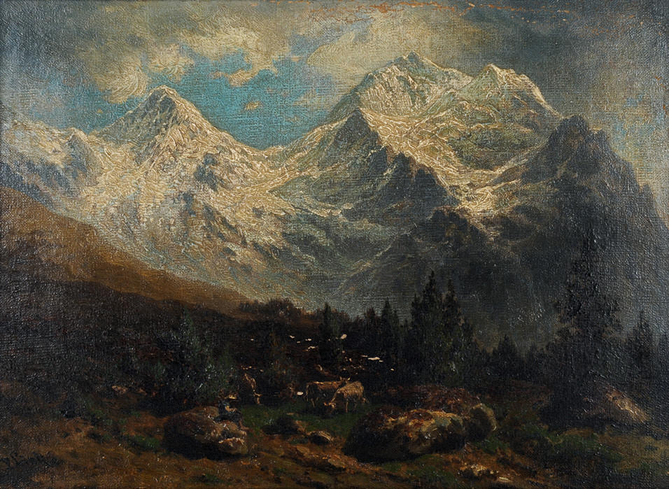 LINKE, PAUL RUDOLF. ”På Wengernalp”. olja/duk. 29,5 x 40 cm L. u. tecken. S. vänsterister. A tergo på bårramar av gamla noter. ram.