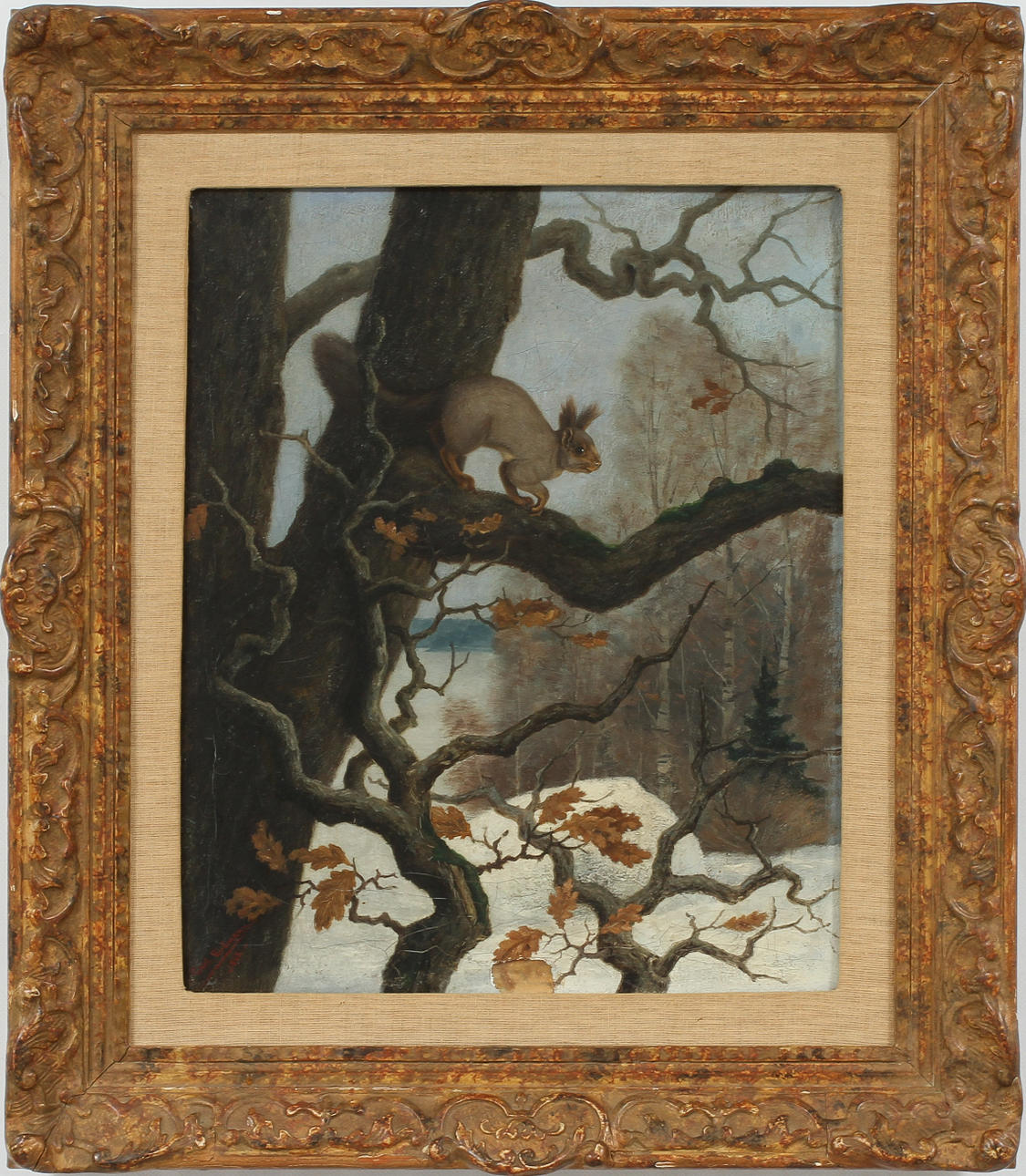 CARL ERDMANN. Ekorre i träd, olja på duk, signerad 1882.