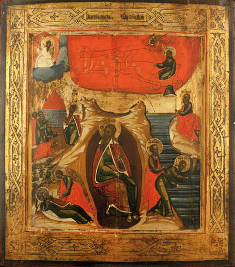 IKON, Ryssland 1800-talets början. - ”Vita av St. Elias” - äggtempera/guldmålning på trä med kritprimer. 35 x 30,5 cm Med motsatt rygg sponki (förlorat).