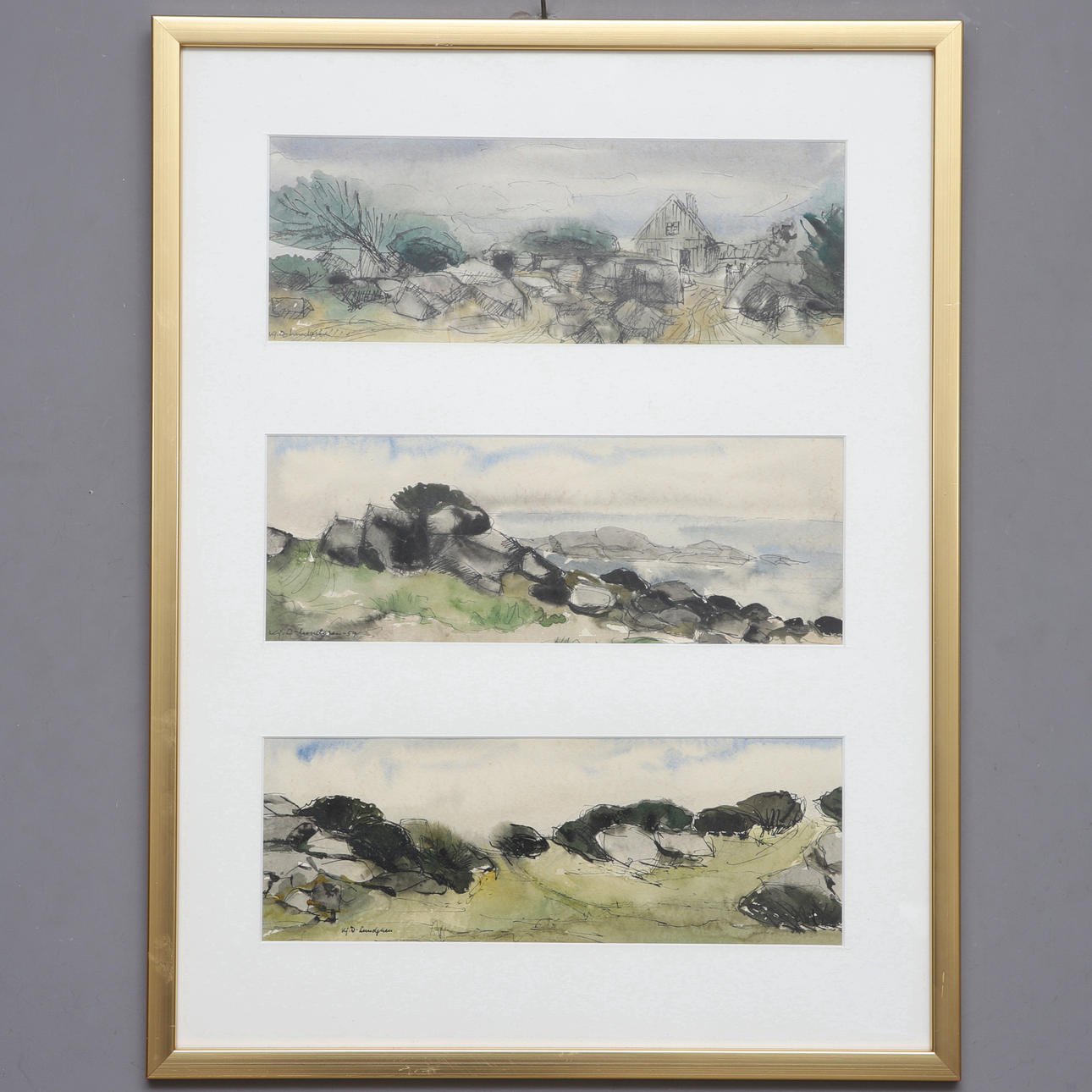 KJERSTIN ULLA DAHLÉN-LUNDGREN. Mixed media, "Hallands Väderö", triptych, signed & dated -59.