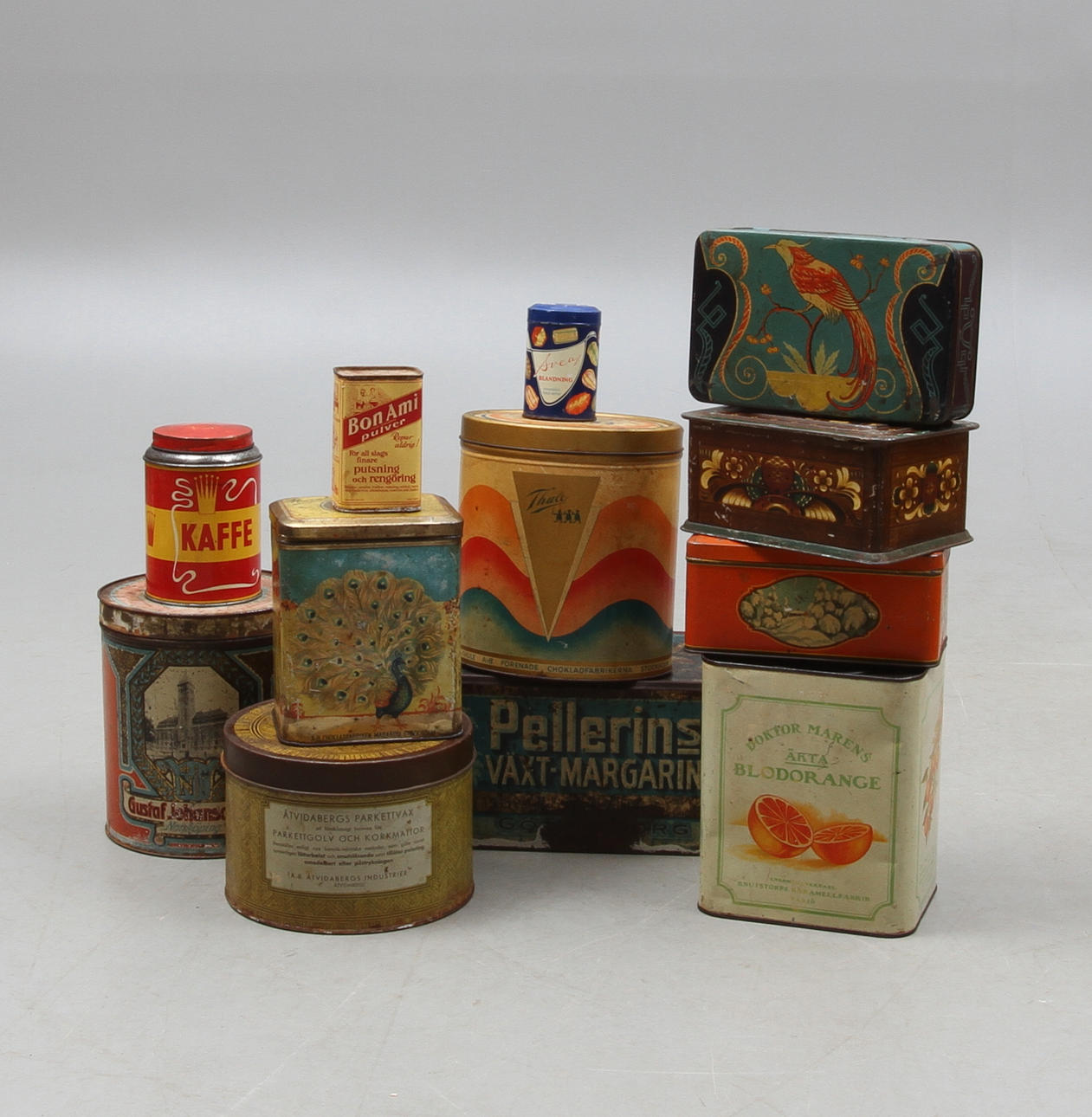 PARTI PLÅTBURKAR, 12 st, bl a Pellegrins Växt-margarin, Gustaf Johanson & Co.