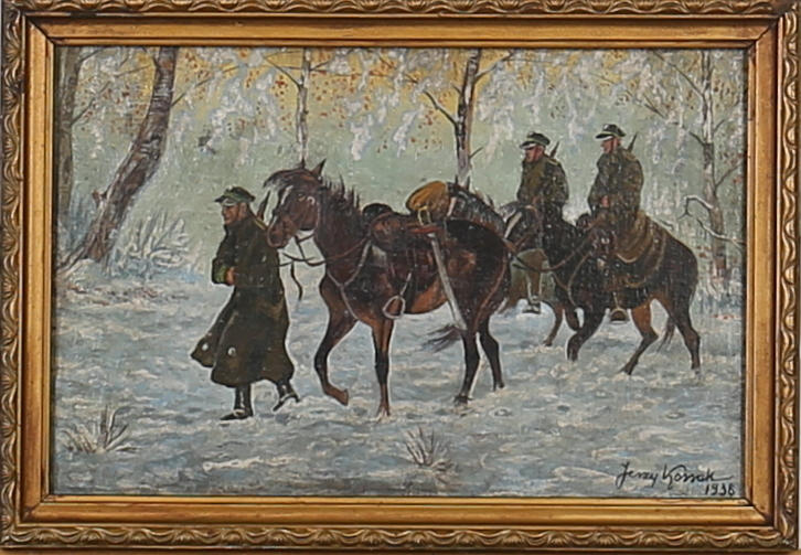 OKÄND KONSTNÄR. Olja på duk. Ridande soldater. Otydligt signerad och daterad 1938.