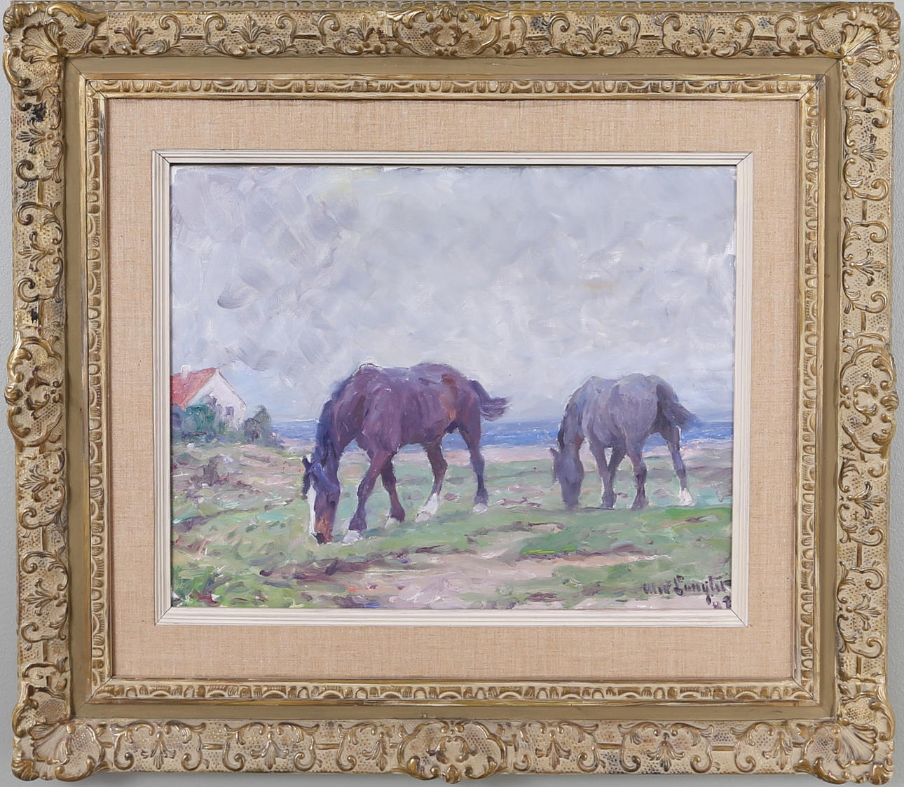 ALEXANDER LANGLET. Olja på duk, "Hästar på bete" Sign 1942.