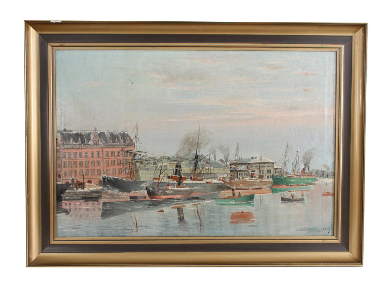 OKÄND KONSTNÄR. Motiv från Stenpiren, Göteborgs hamn. Olja på duk. Bär datering 1889.