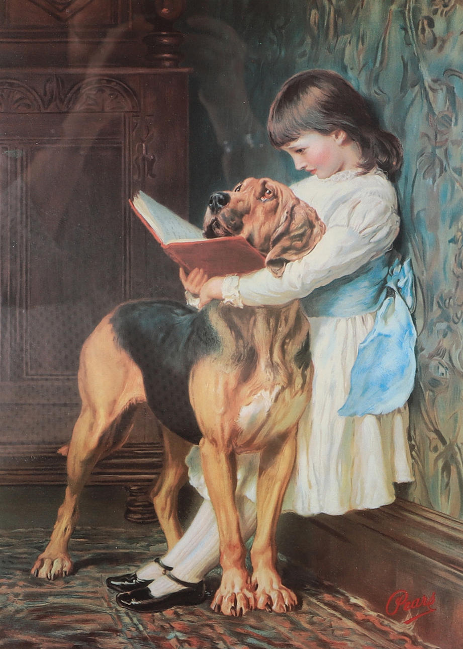 PINTURA, niña leyendo con perro, estampado.