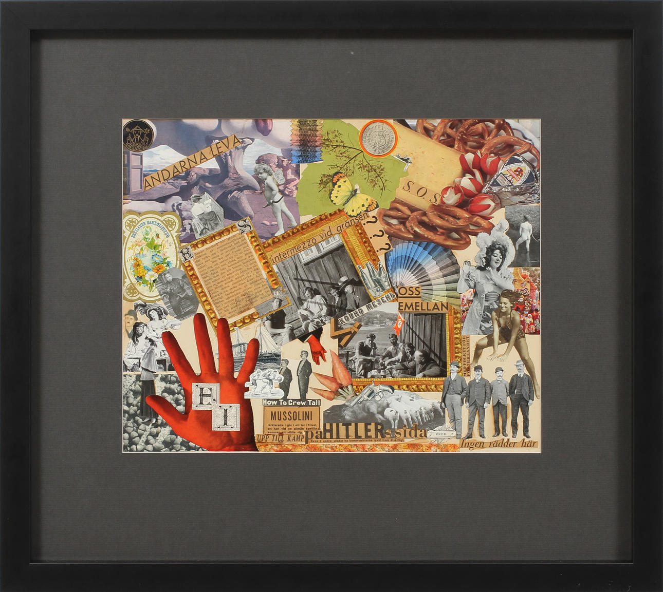 RAGNAR SANDBERG (1902-1972). Collage av fotografier, tidningsurklipp samt etiketter på papper. Utförd 1938.