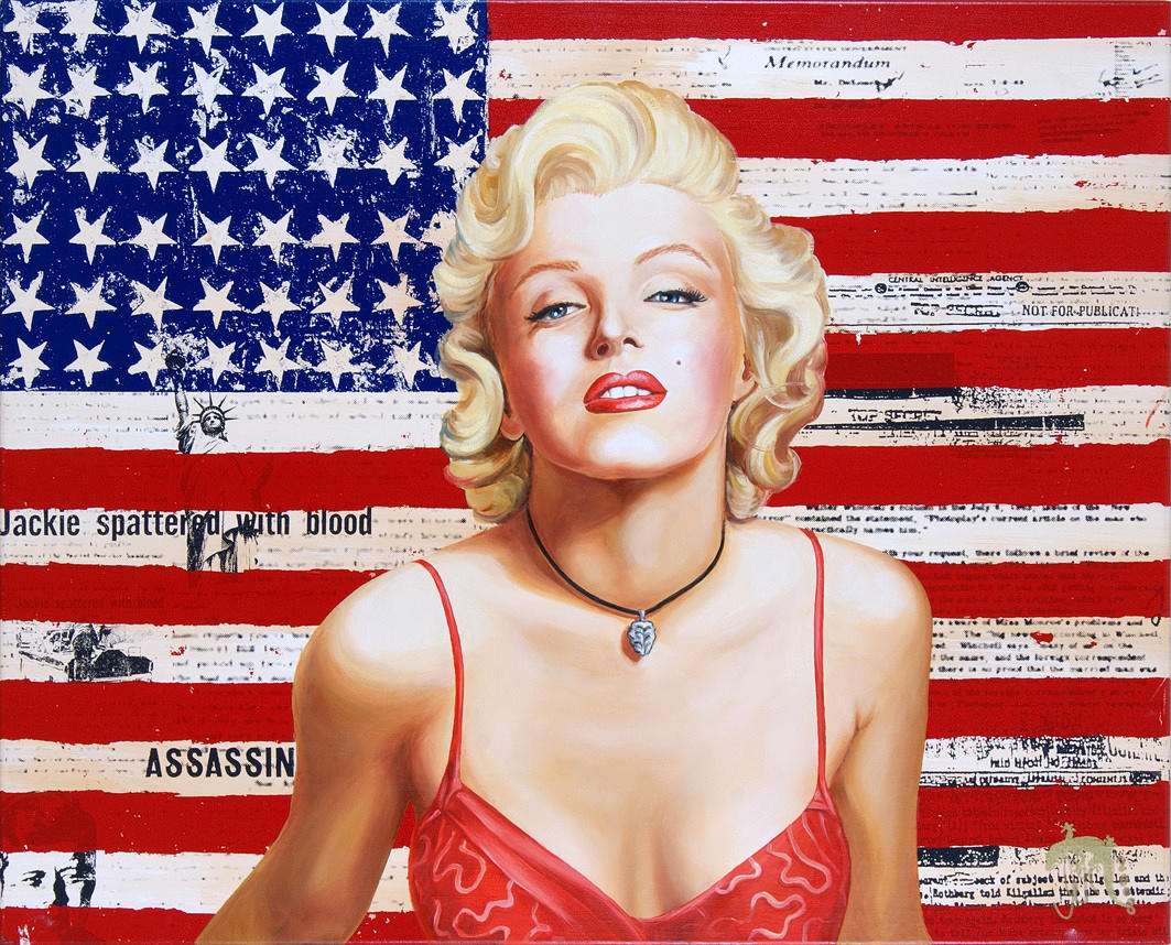 MILES, DERVIN. ”Marilyn Monroe.” Olja och silkscreen print/duk. 80 x 101 cm R. u. Monog. med gecko symbol som en del av hans signatur. Oinramad.