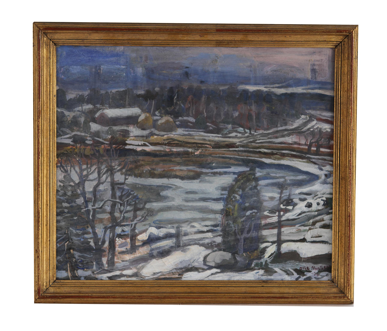 OLLE NORDBERG. Vårvinterlandskap. Olja på pannå, signerad -38.