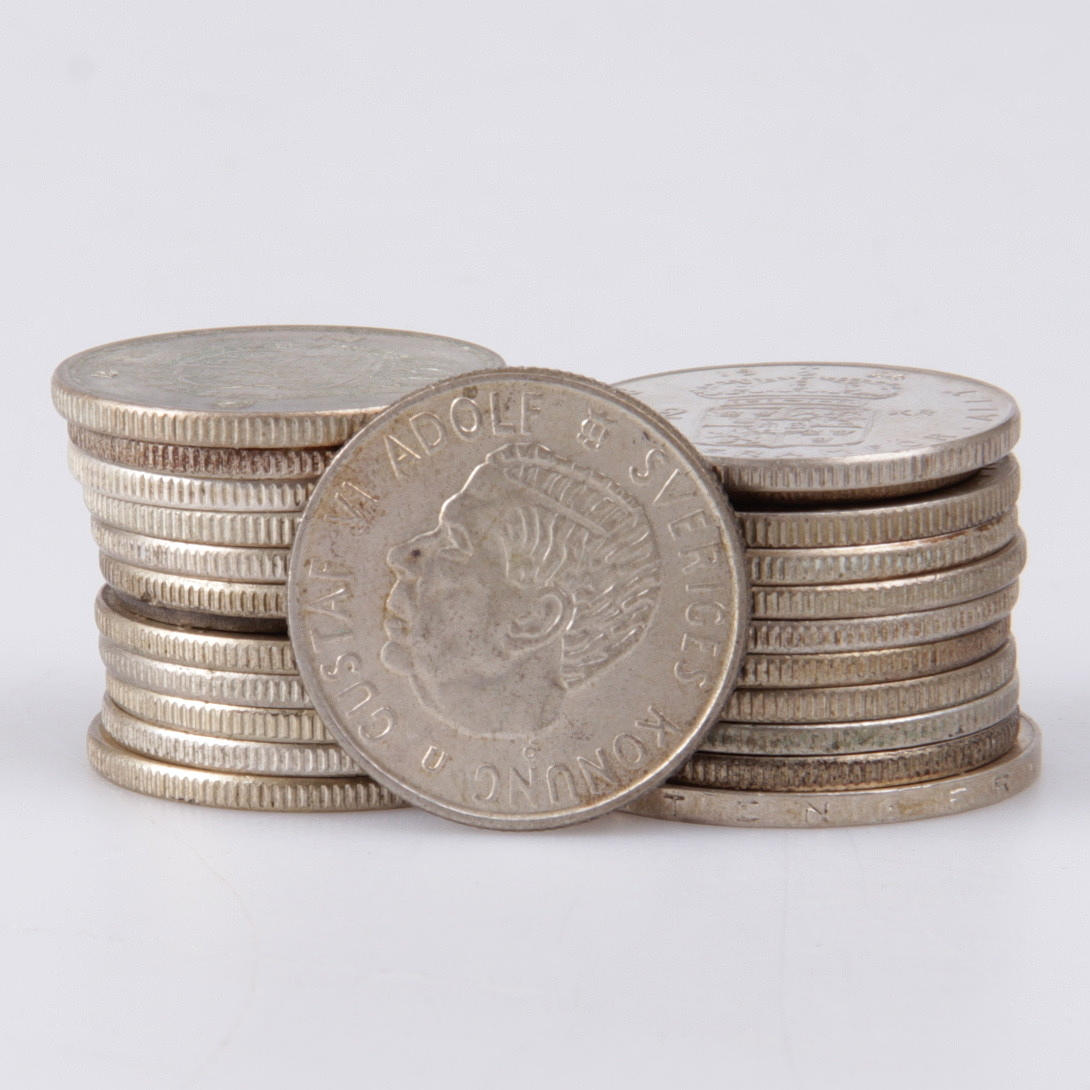 MYNT, 24 st. Silver, 1 kr, 2 kr, 5 kr, 1800/1900-tal.