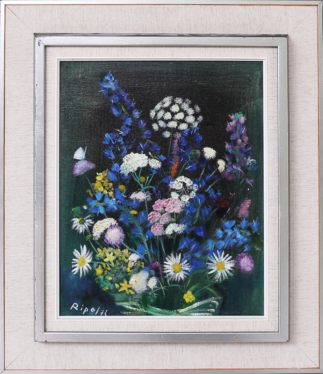 RIPA. Olja på duk, "Blåeld och sommarblommor", signerad o daterad Ripa 76.