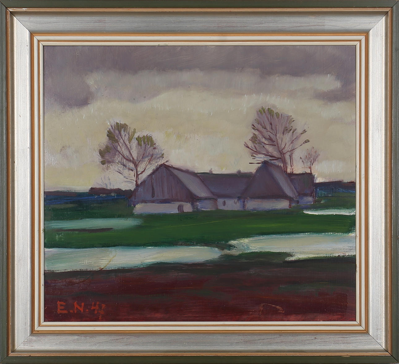 ERNST NORLIND. Gård i landskap. Olja på pannå. Signerad E N och daterad -47.