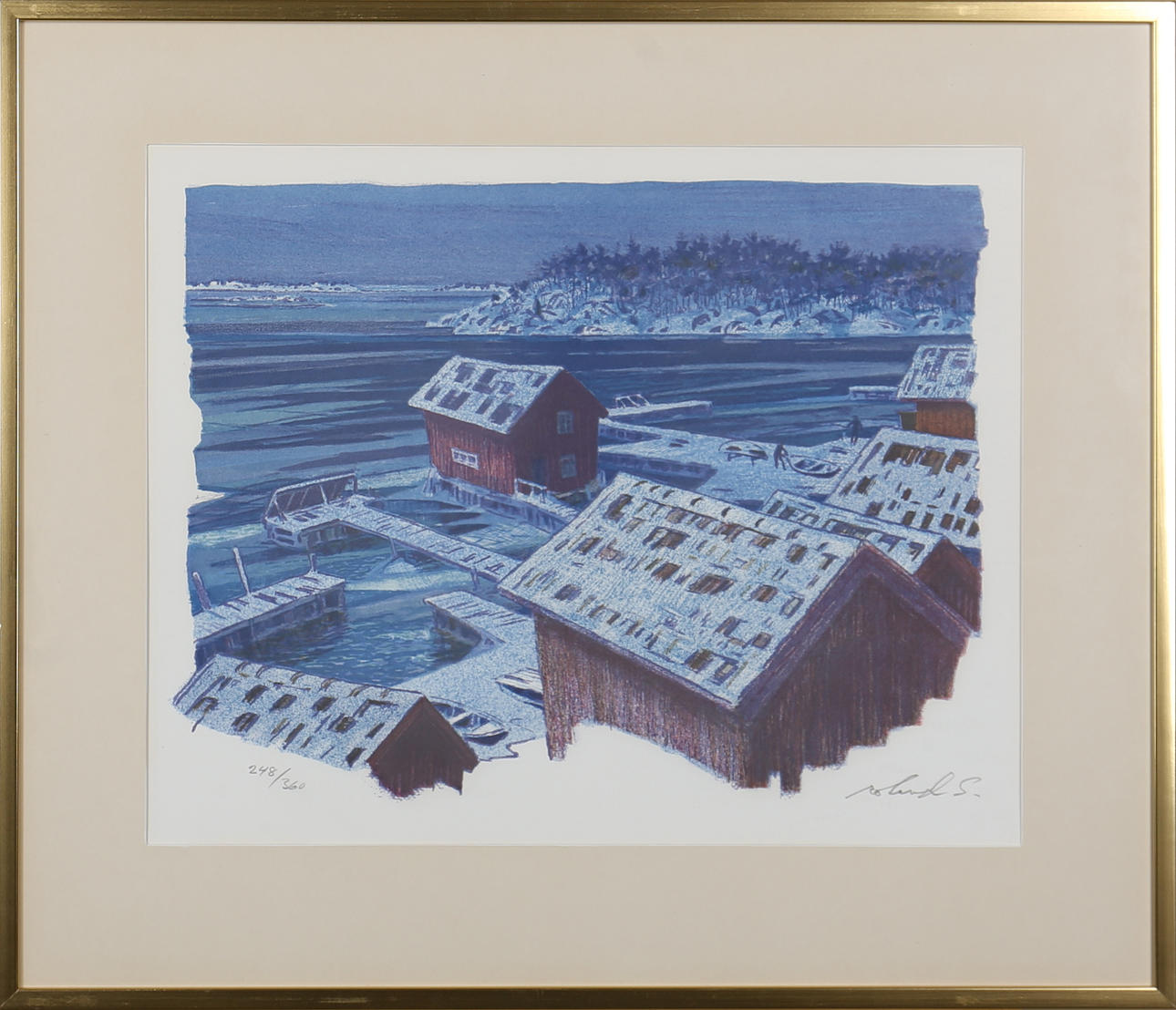 ROLAND SVENSSON. Vinter i skärgård. Färglitografi. Signerad Roland S och numrerad 248/360.