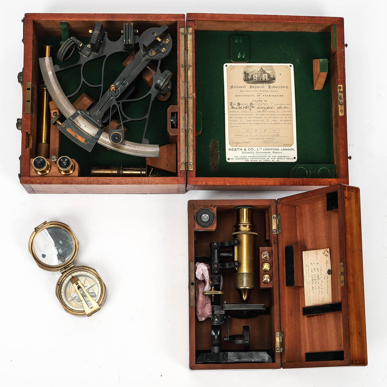 SEXTANT, COMPASS and MICROSCOPE, 3 dlr, 19th/20th century.