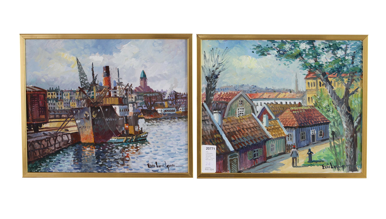 ERIC LUNDGREN. Hamnbild och "Allmänna vägen". Två oljor, signerade.