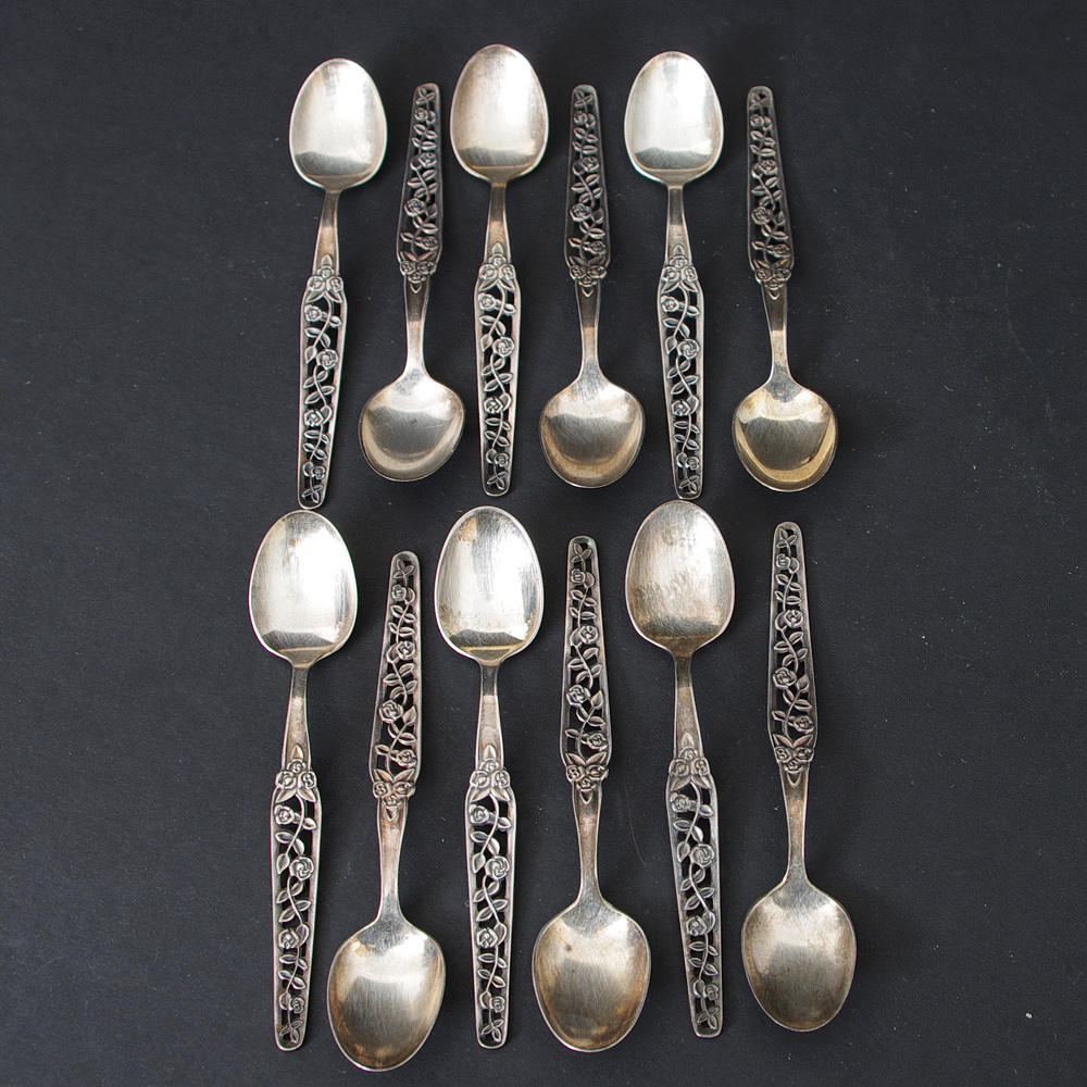 KAFFESKEDAR,12 stycken, "Rosenranka", silver, GAB.