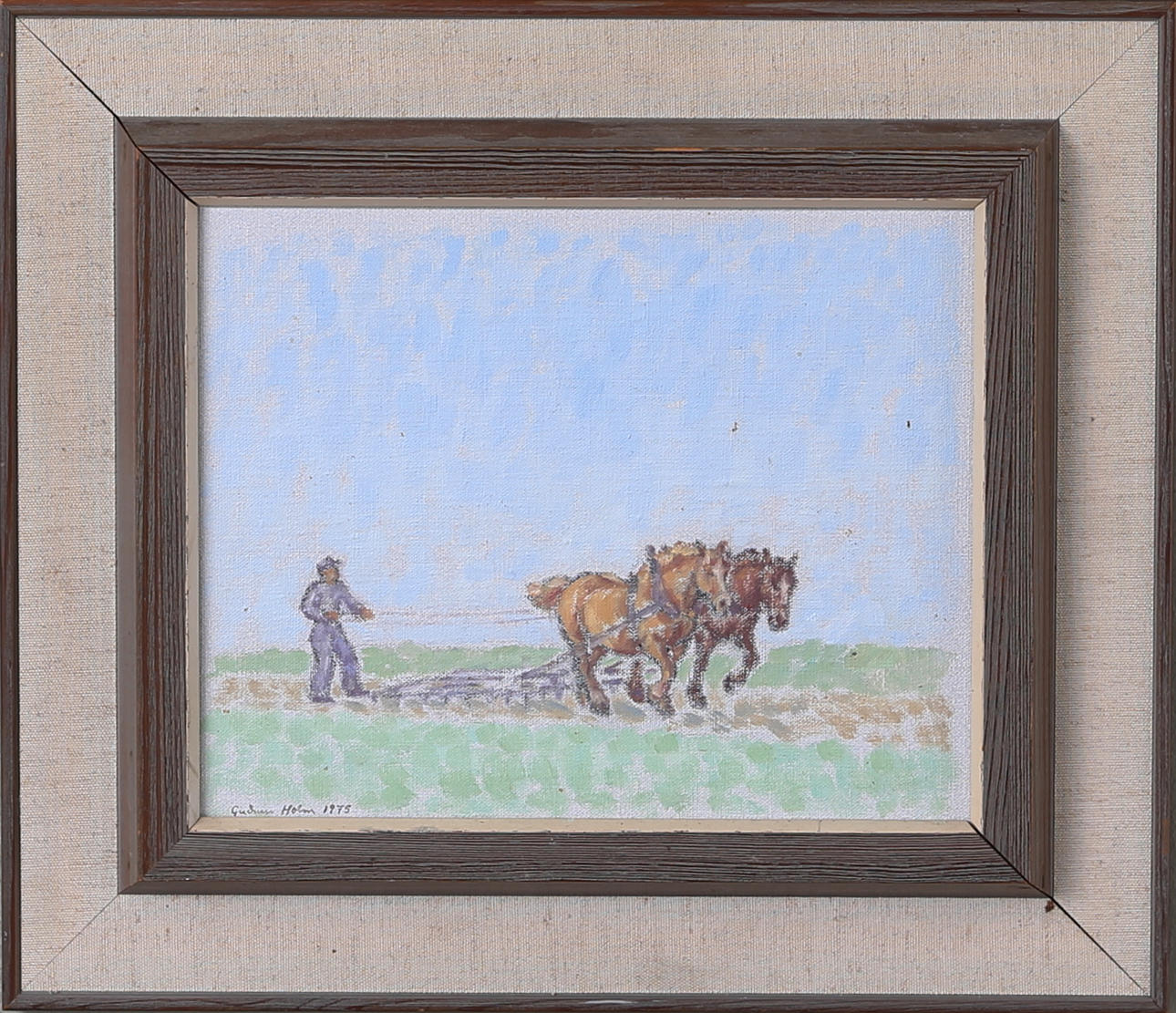 GUDRUN HOLM. Plöjaren, Öland, olja på pannå, signerad o daterad Gudrun Holm 1975.