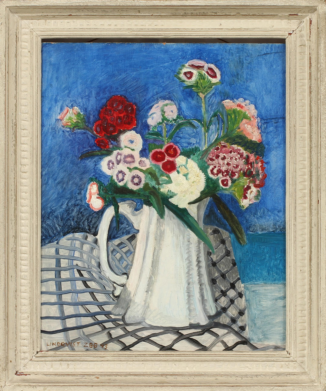 EVA LINDQVIST ZETTERBERG. "Borstnejlikor mot blå fond", olja på pannå.signerad 43.