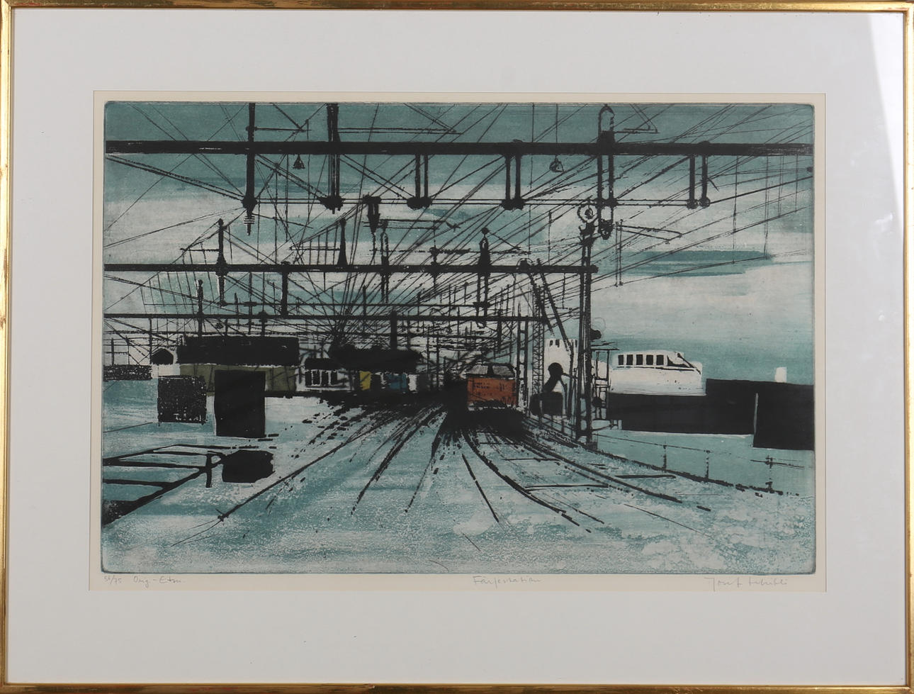 OIDENTIFIERAD KONSTNÄR. Färgetsning. "Färjestationen" Signerad Josef ?. Numrerad 56/75.