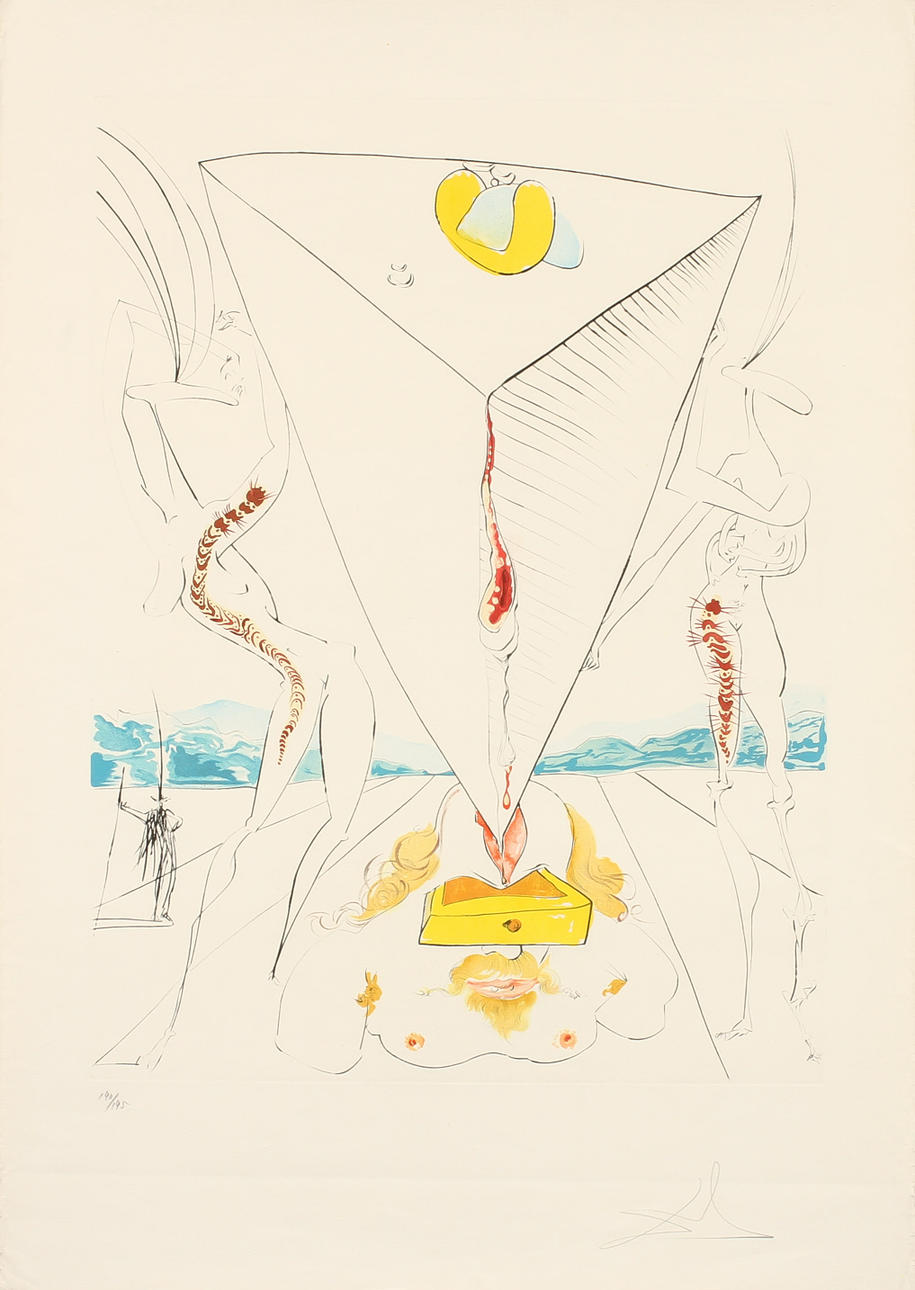 SALVADOR DALI. "Philosophe écrasé par le cosmos, pl 2 de La conquête du Cosmos", Litografi, signerad och numrerad 190/195.