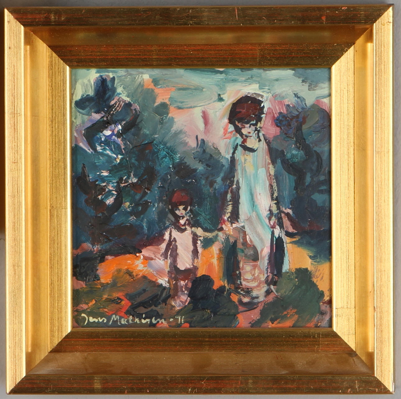 JENS MATHISEN. 3 st, figurkompositioner, olja på pannå, signerade.