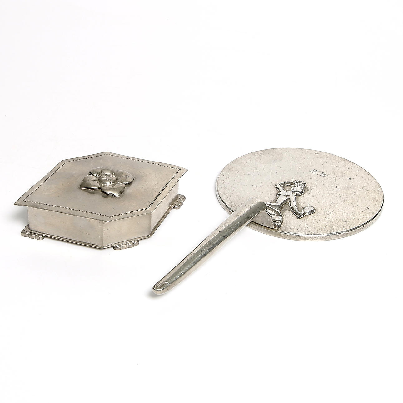 SPEGEL samt SKRIN, tenn, Art deco, 1930-tal.