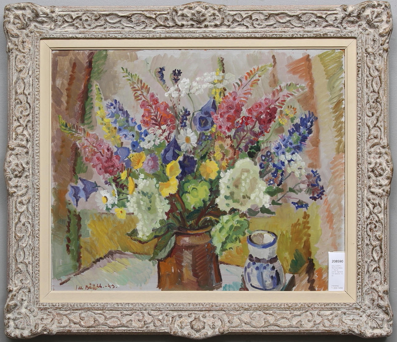 MAJA BÅÅTH. Blomsterstilleben. Olja på pannå. Signerad och daterad -43.