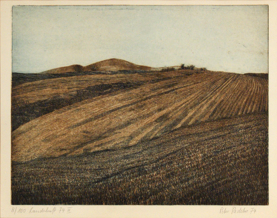 REDEKER, PETER. (Spital am Semmering/Steiermark 1942) - ”Landskap” - färgetsning/handgjort papper. 39 x 49,5 cm Signerad i bly och daterad nedre högra: Peter Redeker (19) 74. Numrerad och betitlad nedre vänstra: 8/100 ”Landschaft 74 III”.