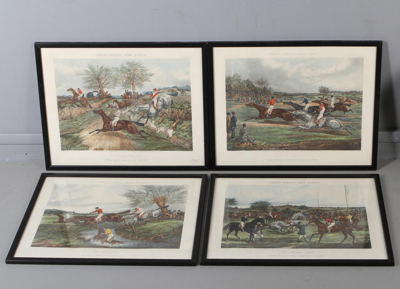 HENRY THOMAS ALKEN. 4 st, Fores's Steeple Chase Scenes, kolorerade gravyrer, daterade 1848.