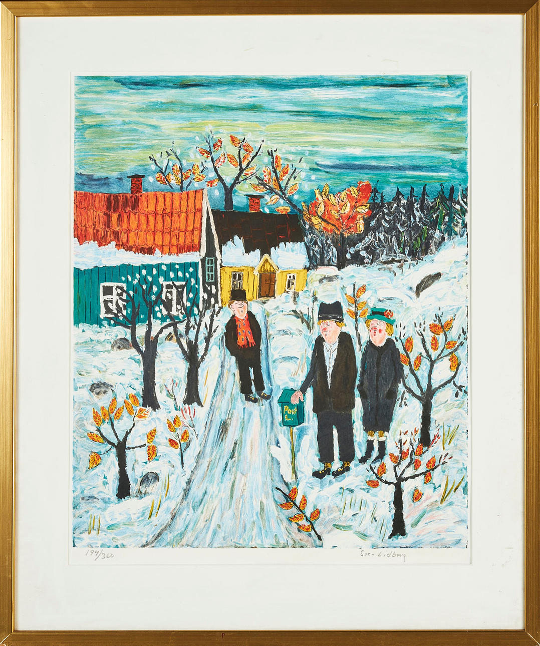 Sven Lidberg リトグラフ　スウェーデン画家 SVEN LIDBERG. Figure scene in a winter landscape, lithography