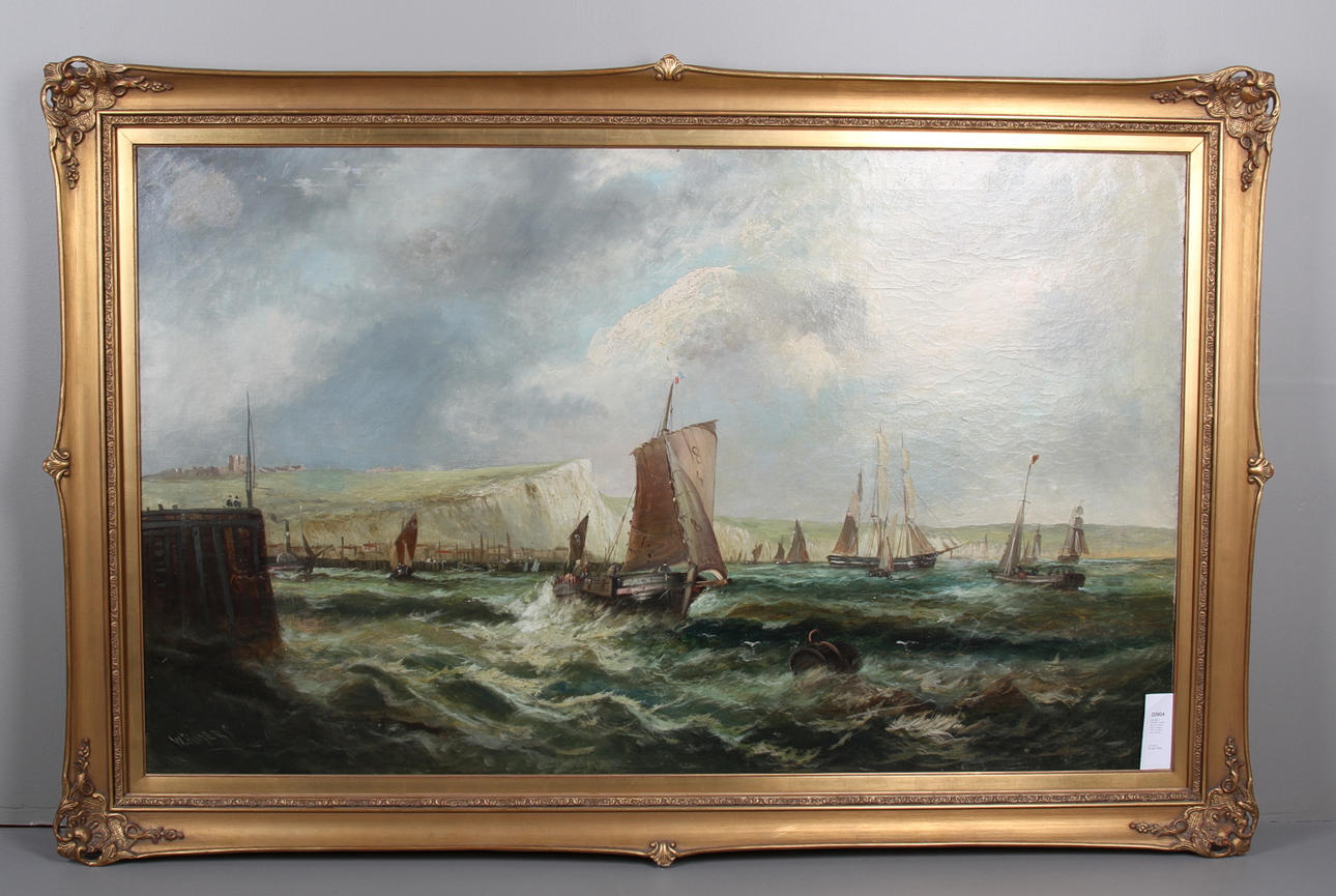 WILLIAM P. ROGERS. Fartyg lämnar hamnen, Dover, England. 1800-tal, olja på duk, signerad.