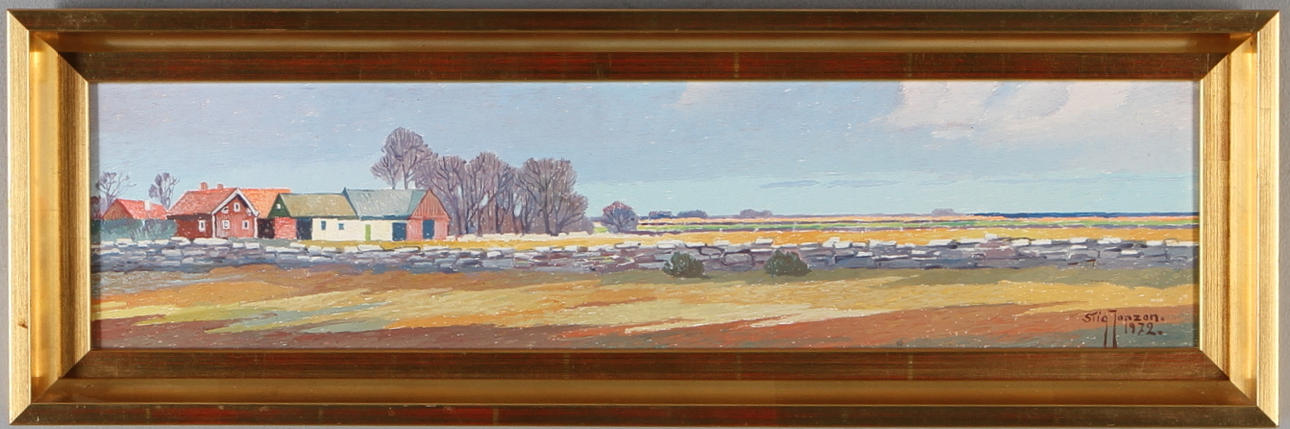 STIG JONZON. "Motiv från Sandby, Öland", olja på pannå, signerad samt daterad 1972.