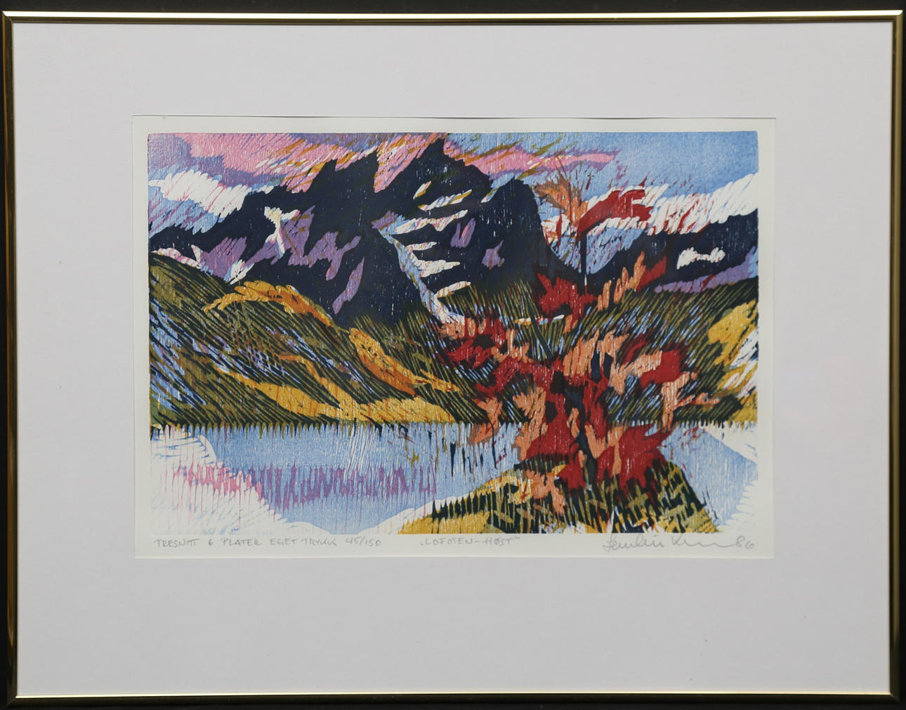 LARS-ERIK KARLSEN. "Lofoten Autumn". Woodcut, signed, numbered 45/150 and dated 86.