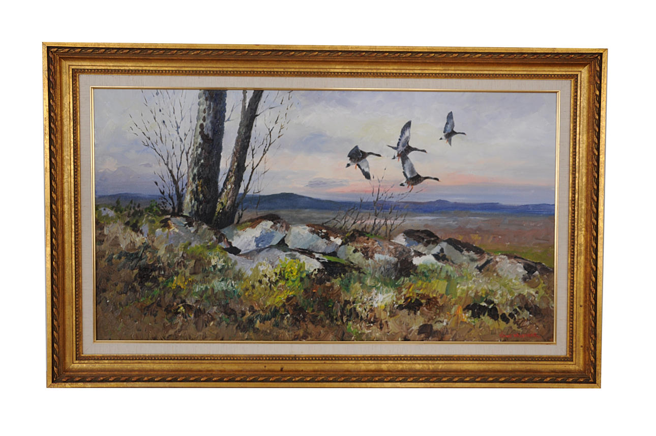 KNUT VALINDER. Landskap med flygande gäss. Olja på duk, signerad.
